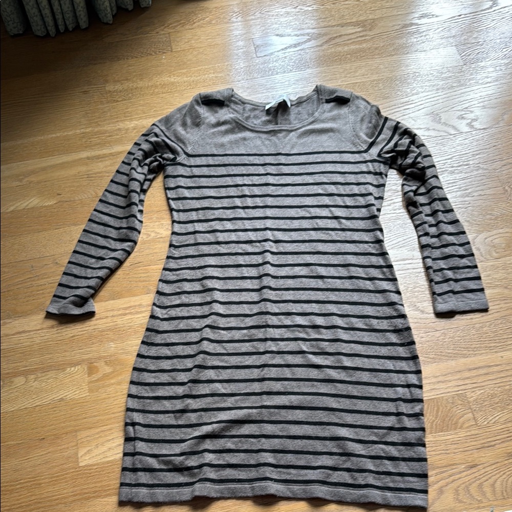 LOFT Gray and Black Striped Long Sleeve Dress